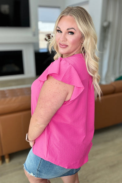 Crinkle Split Neckline Flutter Sleeve Top in Hot Pink