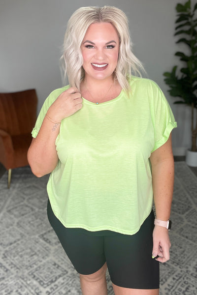 Round Neck Cuffed Sleeve Top in Lime