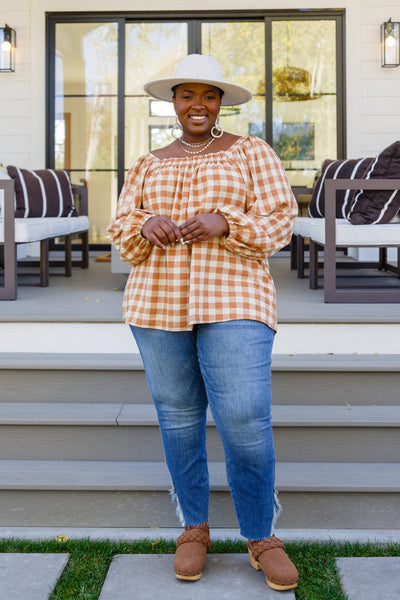 One Fine Afternoon Gingham Plaid Top In Caramel